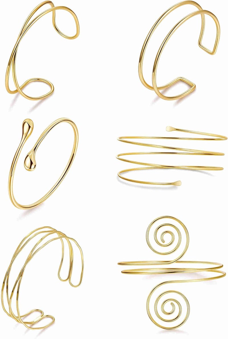Masedy 6PCS Gold Arm Cuff Bracelets for Women Upper Armband Open Adjustable Wrist Arm Bangle Bracelets Set Minimalist Thin Stack Coil Swirl Trendy Armlet Jewelry - Image 1